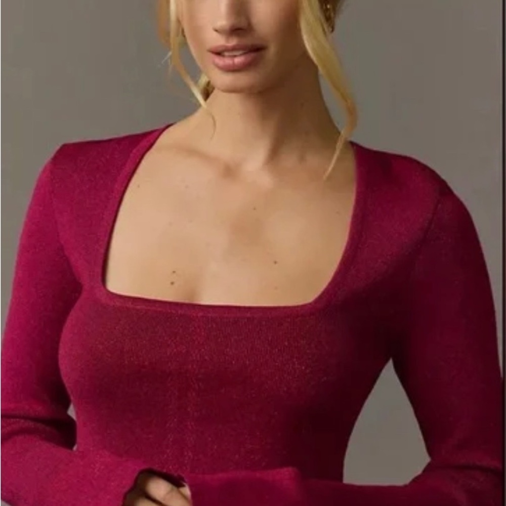 Maeve by Anthropologie‎ NWT Square Neck Bell Sleeve Sweater Raspberry Sparkle - Picture 3 of 9